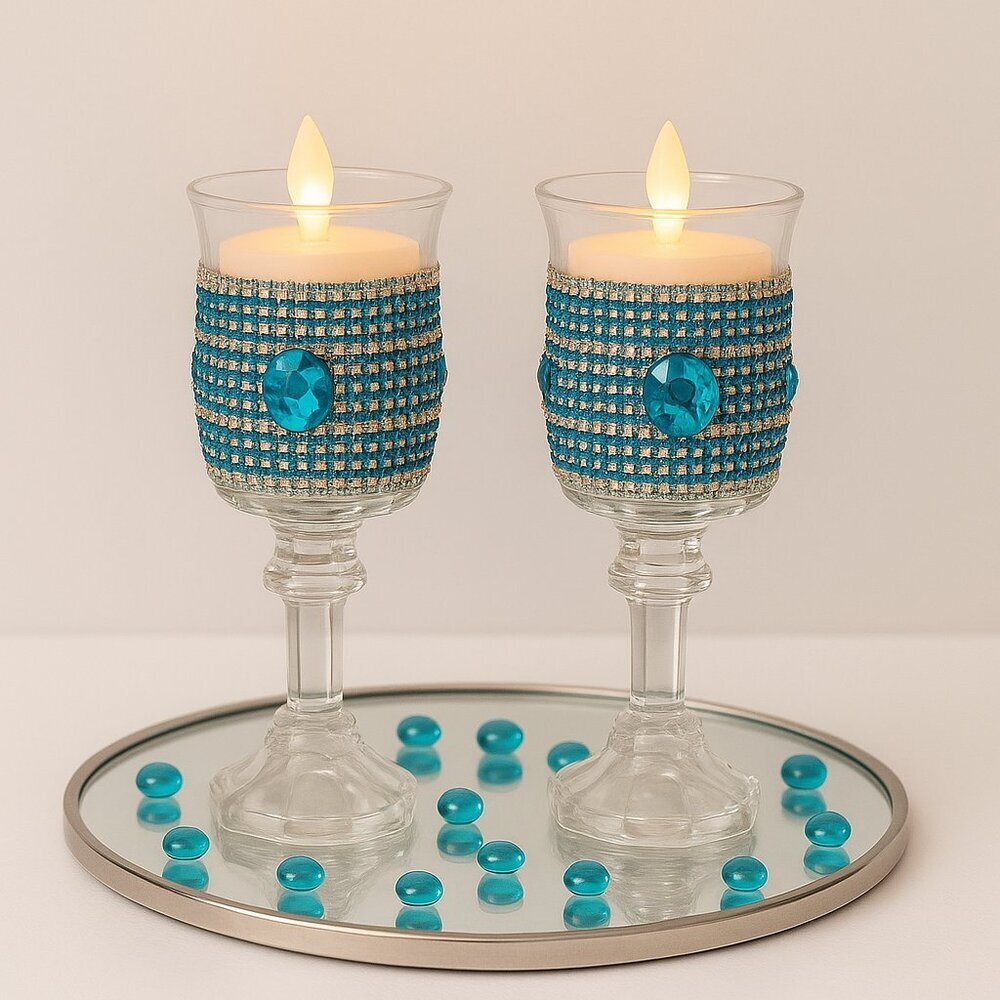 Handmade Crystal Candle Holders – Teal & Silver Jeweled Design (Set of 2)